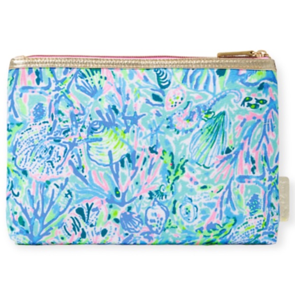 LILLY PULITZER Printed Clutch Zippered Pouch Surf Blue Soleil It On Me Gold Trim - Picture 5 of 7